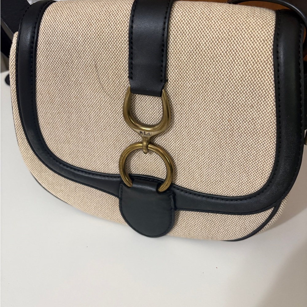 Ralph Lauren Blue Label Cream and Black Crossbody Bag with Brass Hardware